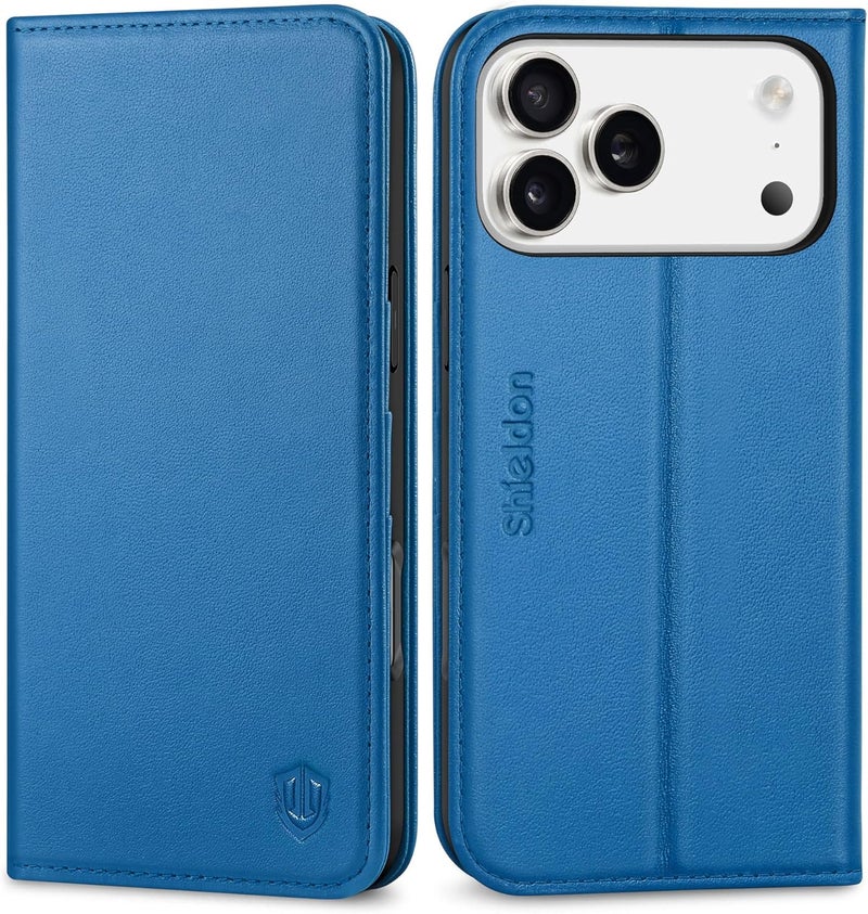 SHIELDON Case Wallet for iPhone 17 Pro Max 6.9-inch 2025 | Genuine Leather, Magnetic Closure, RFID Blocking Credit Card Slot, Kickstand, Foldable Full Protective Cover - Sapphire Blue - Image 1